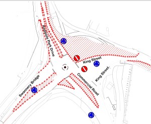 Mini-roundabout layout at Kings Junction (large version)
